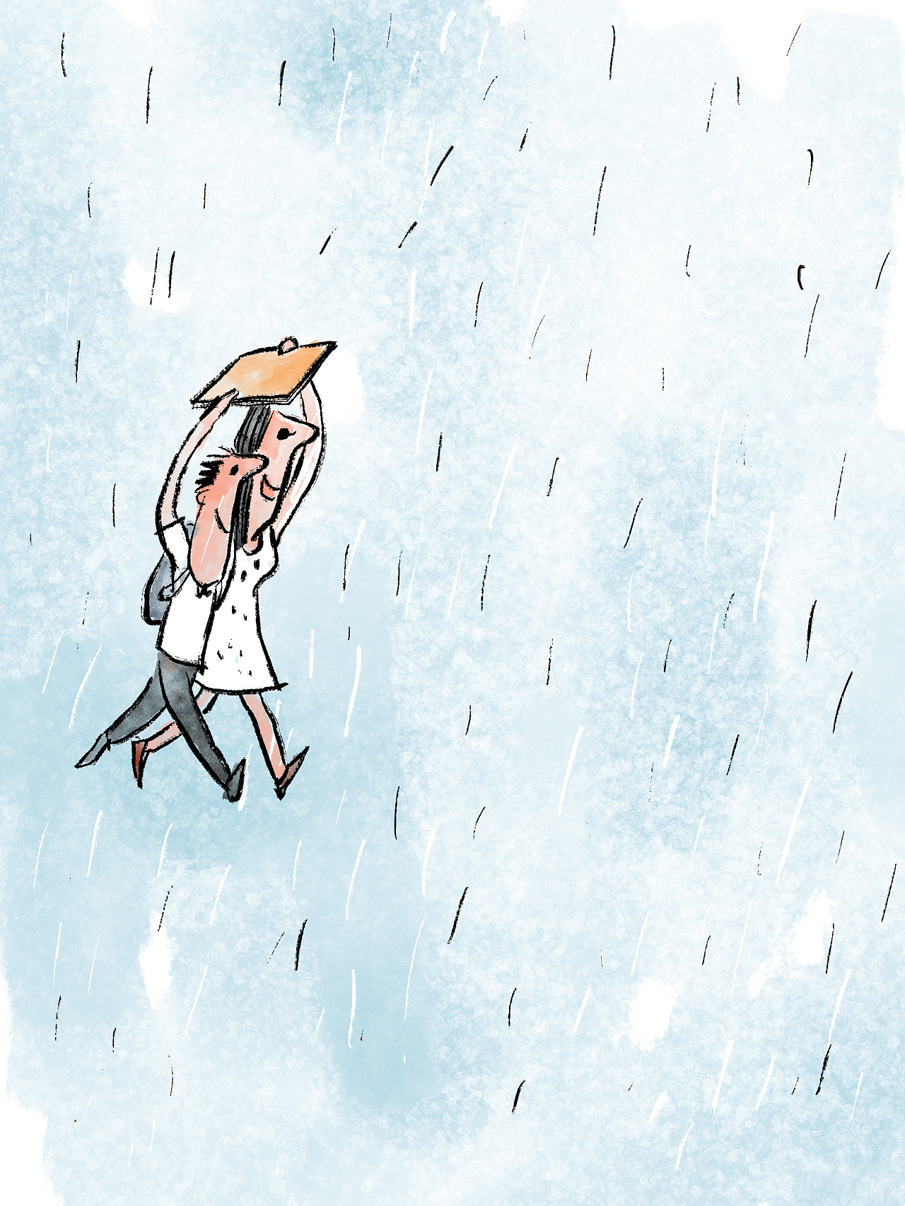 一对情侣在雨中奔跑。幸福的男人和女人在雨伞下走在城市街道上插画图片素材_ID:395130044-Veer图库