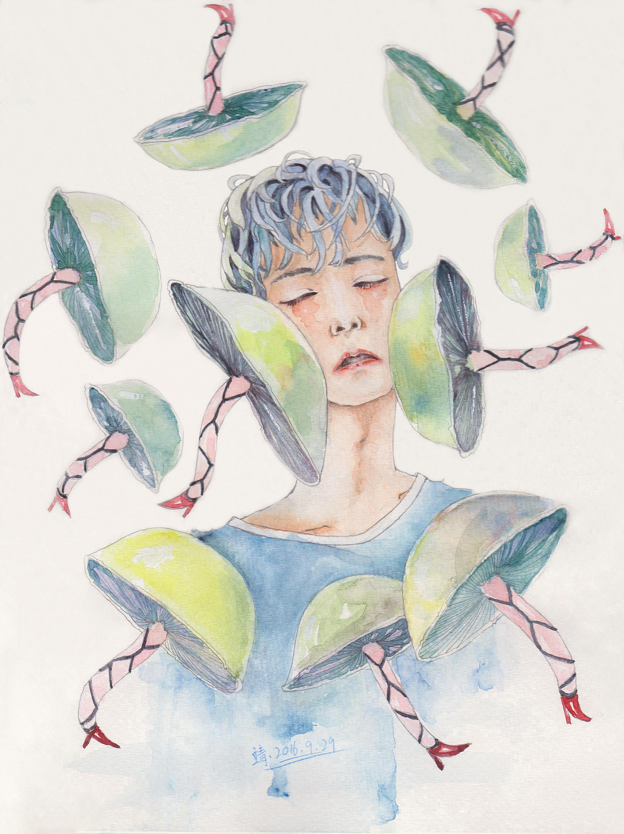 水彩插画-《蘑菇与少年系列》（图ZNjE4ODIxMjg=） - 艺术插画 - 站酷设计师包装设计师靖娣原创素材 - 站酷ZCOOL