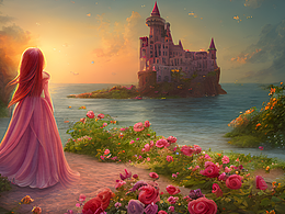 #站酷梦笔#海边，夕阳，长发女孩，玫瑰花，梦幻，城堡