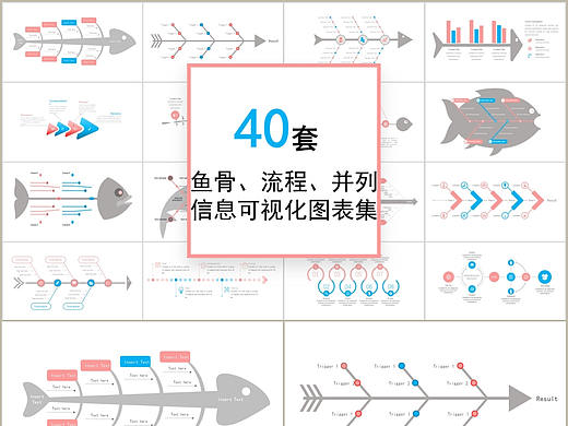 40套创意鱼骨流程并列关系商务信息可视化PPT图表集