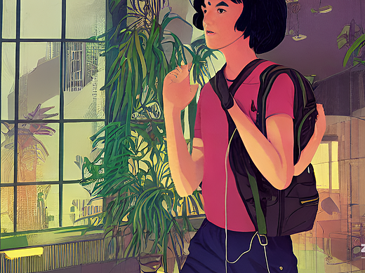 #AI创作实验室#智能教室，短发，窗外，科幻丛林，一个