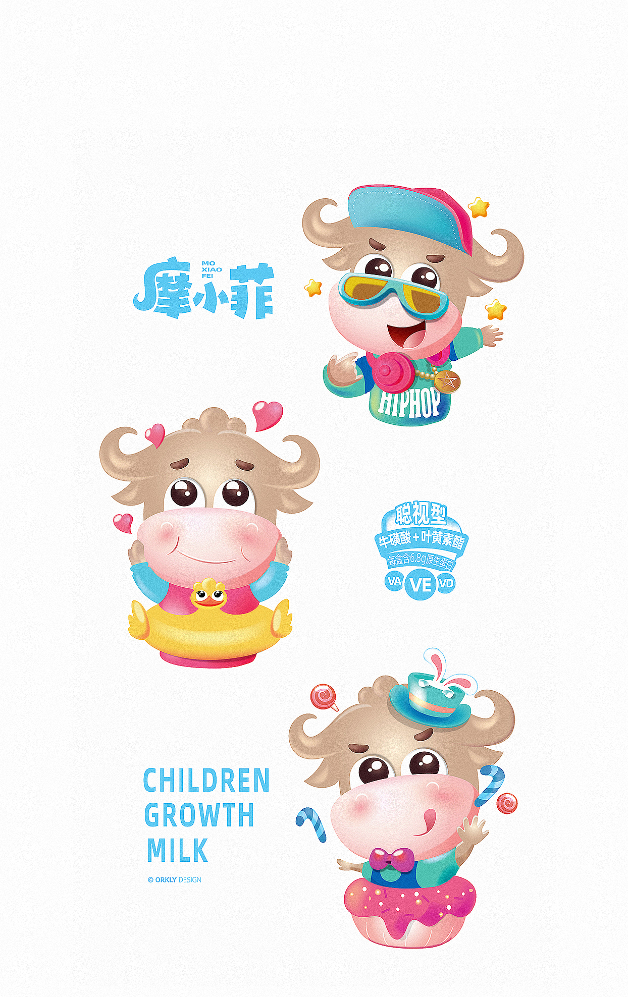 可爱的水牛IP为消费力起到了催化作用
<br>可爱生动的水牛形象适应于多种应用场景,搭配潮流元素的装饰风格,可以强化产品的属性特点和购买的体验感,灵动的IP形象在终端销售传播中也具有完整的识别度,有利于准确快速的流量转化。为了保持统一的视觉效果,强化“摩小菲”品牌名称字体与IP的视觉关联性,着重对“摩小菲”字体进行了创作设计,其中“摩”字的弯角造型,不仅可以为字体增加趣味性,也保持了与IP形象牛角特征的呼应效果,字体之间不仅保持统一的视觉呈现风格,还重点进行了大小比例关系的处理,整体关系和谐轻松。具有表达准确、快速记忆、简洁轻松的视觉感受,为快速产生消费力起到了有力的催化作用。<br>