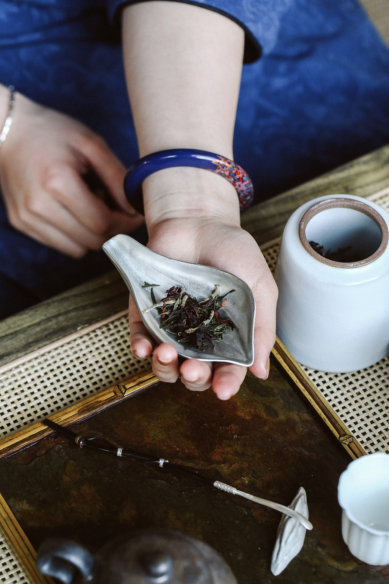 999纯银紫竹茶针银茶勺 茶壶 干泡盘