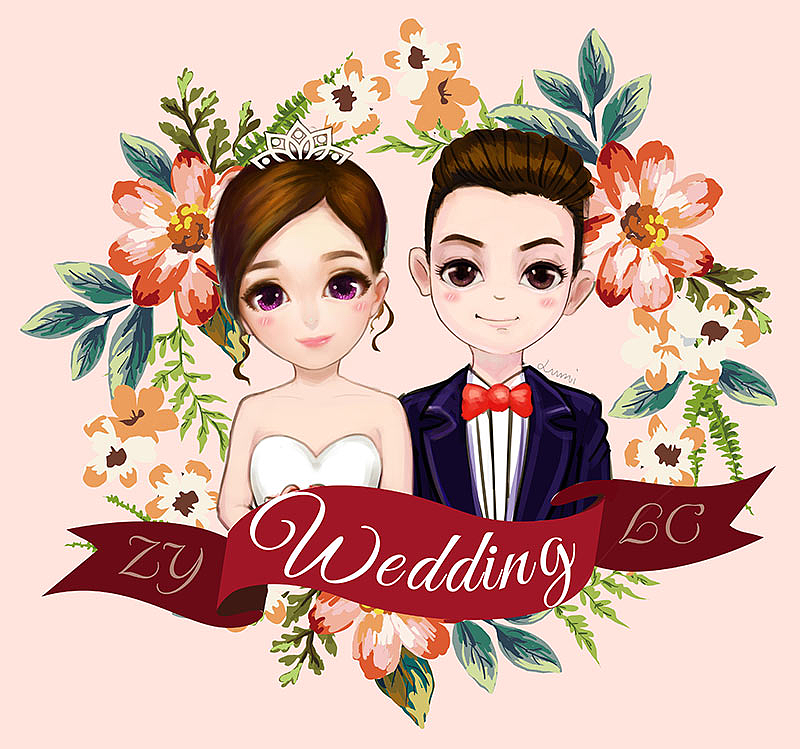 原创作品手绘结婚婚礼请柬海报人物卡通q版插画婚纱照爱情