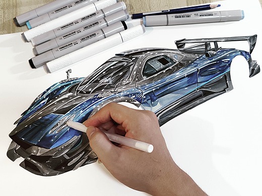 马克笔彩铅手绘 汽车手绘 帕加尼zonda r 蓝碳