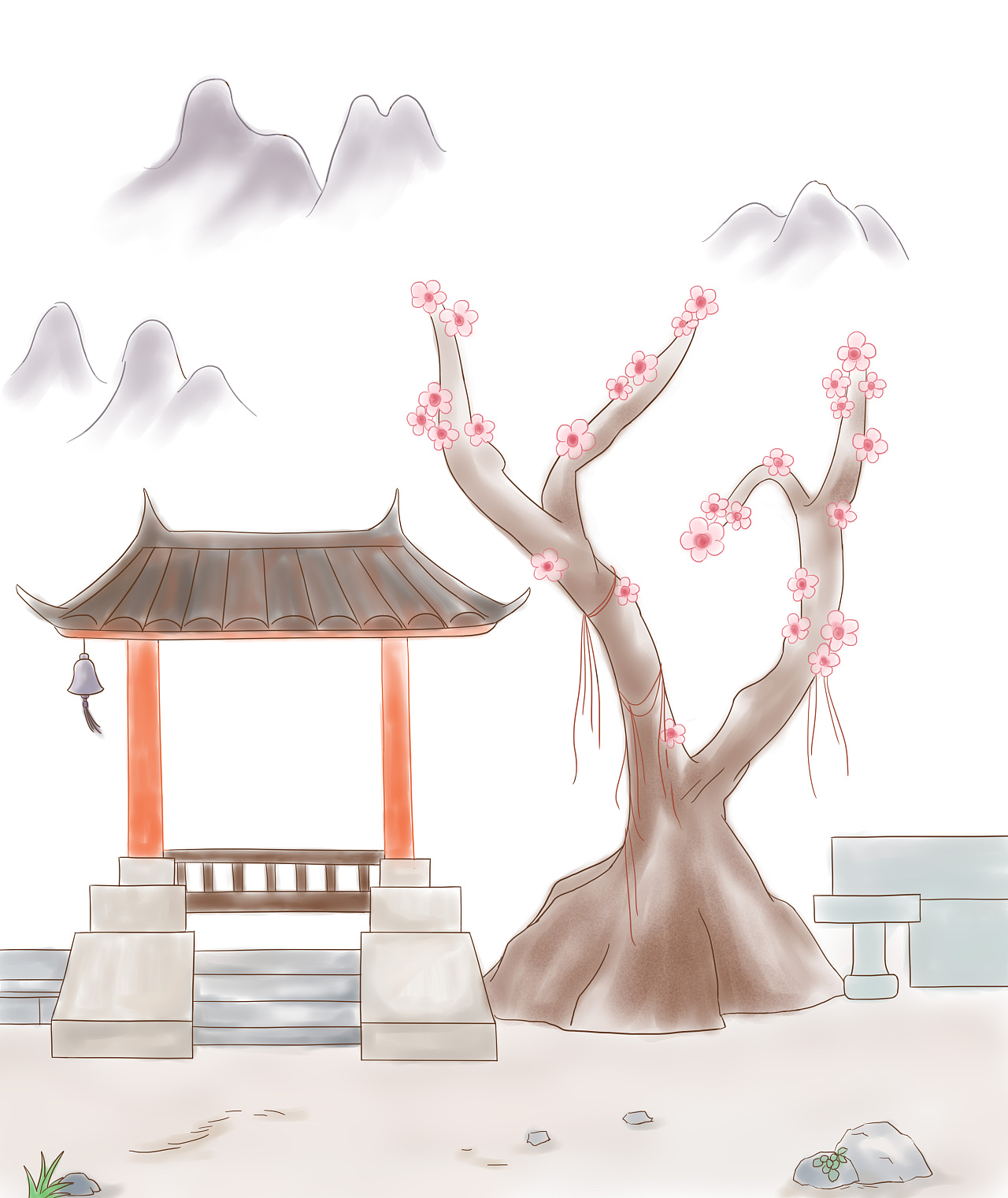 原创水彩风亭子古风场景插画壁纸