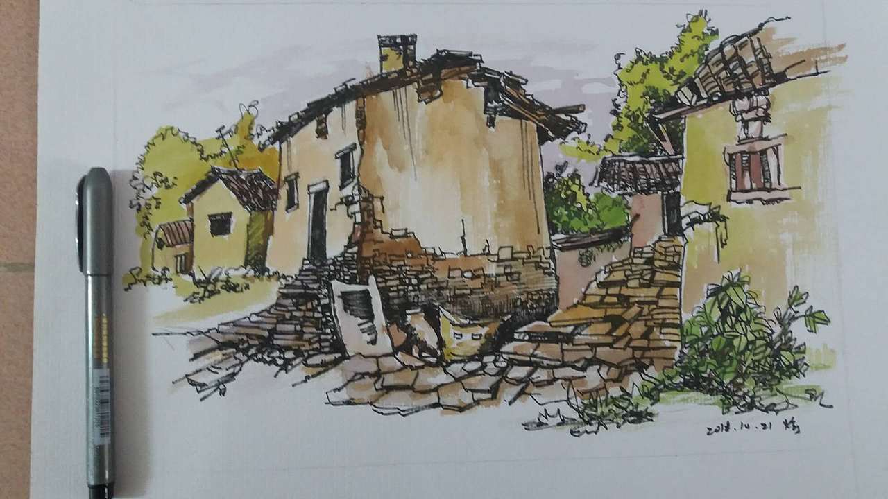 钢笔水彩风景速写
