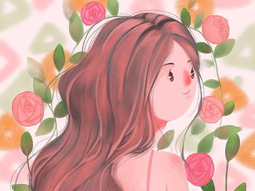 花束女孩红衣服玫瑰花小清新插画