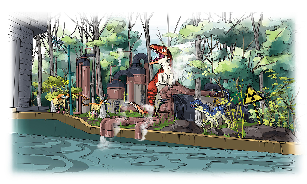 （从左至右）中华似鸟龙，南方巨兽龙，双冠龙