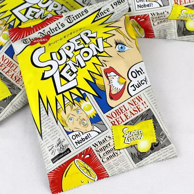 这款诺贝尔超酸柠檬糖以酸著称,酸到变形也绝不夸张,在包装上则主要