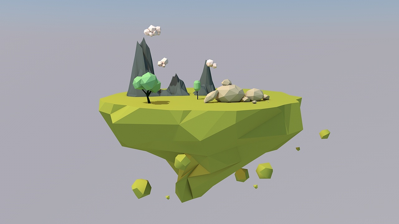 c4d低多边形风格悬浮岛