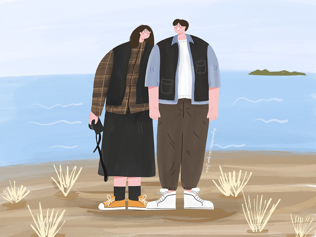 扁平插画——情侣日常小事,看海