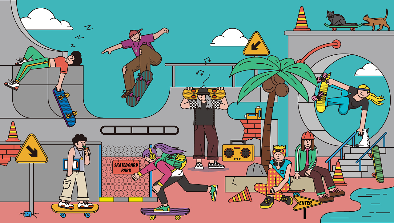 原创插画-滑板公园的少年们