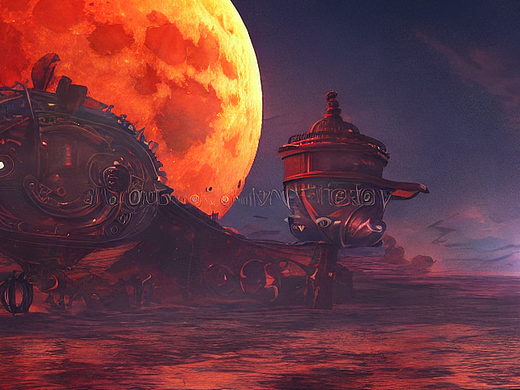 #AI创作实验室#梦境中的红色月亮和飞船