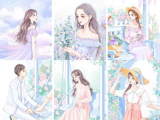 一组清新少女插画