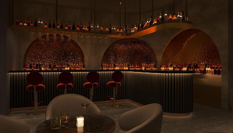 吧台背景借鉴富有仪式感的罗马拱形,金色水波纹不锈钢材料配上暖色灯光使人易联想到啤酒的色泽,调动起舒适而惬意的氛围。