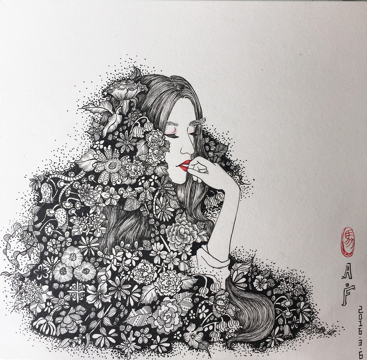 花海,黑白装饰插画