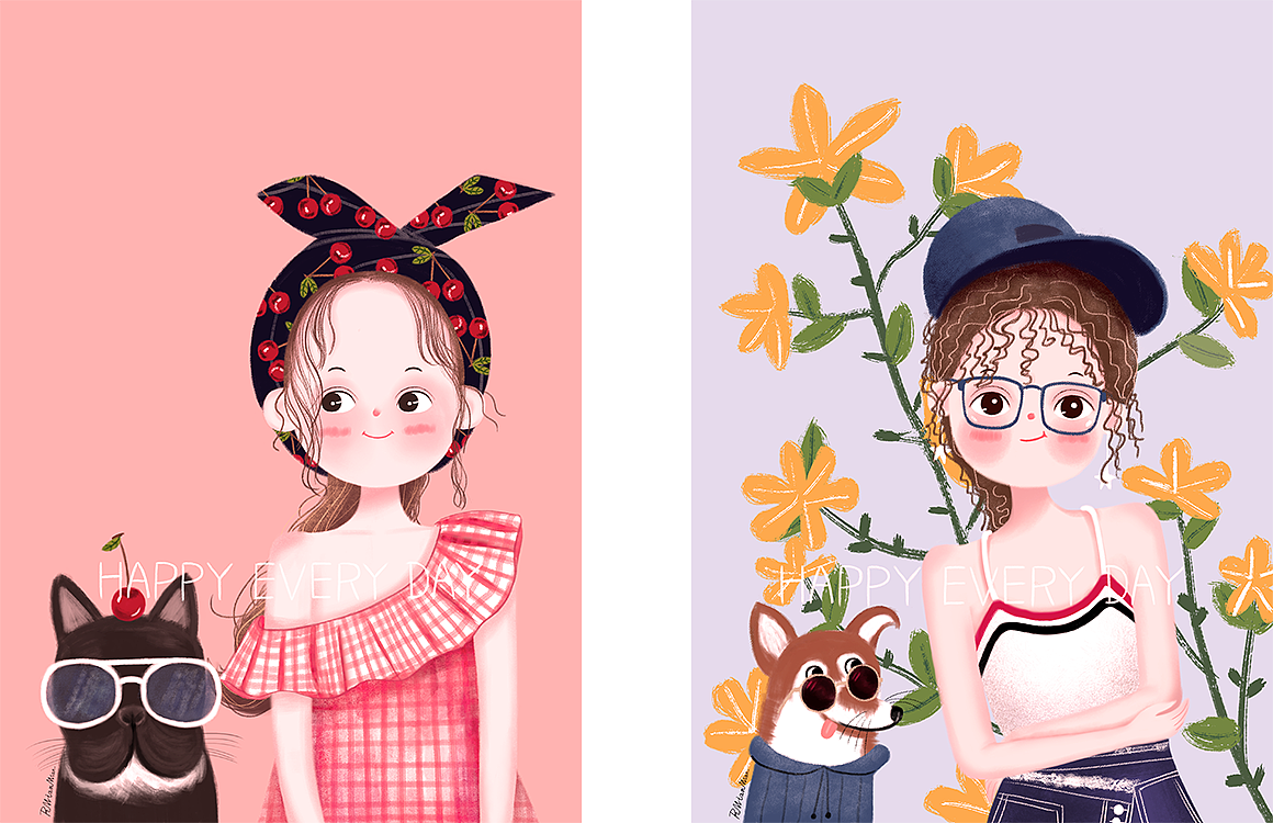 手绘圆圆脸韩系少女人物插画宠物（图ZMjEyMDE4MDUy） - 创作习作 - 站酷设计师小幸运~原创素材 - 站酷ZCOOL