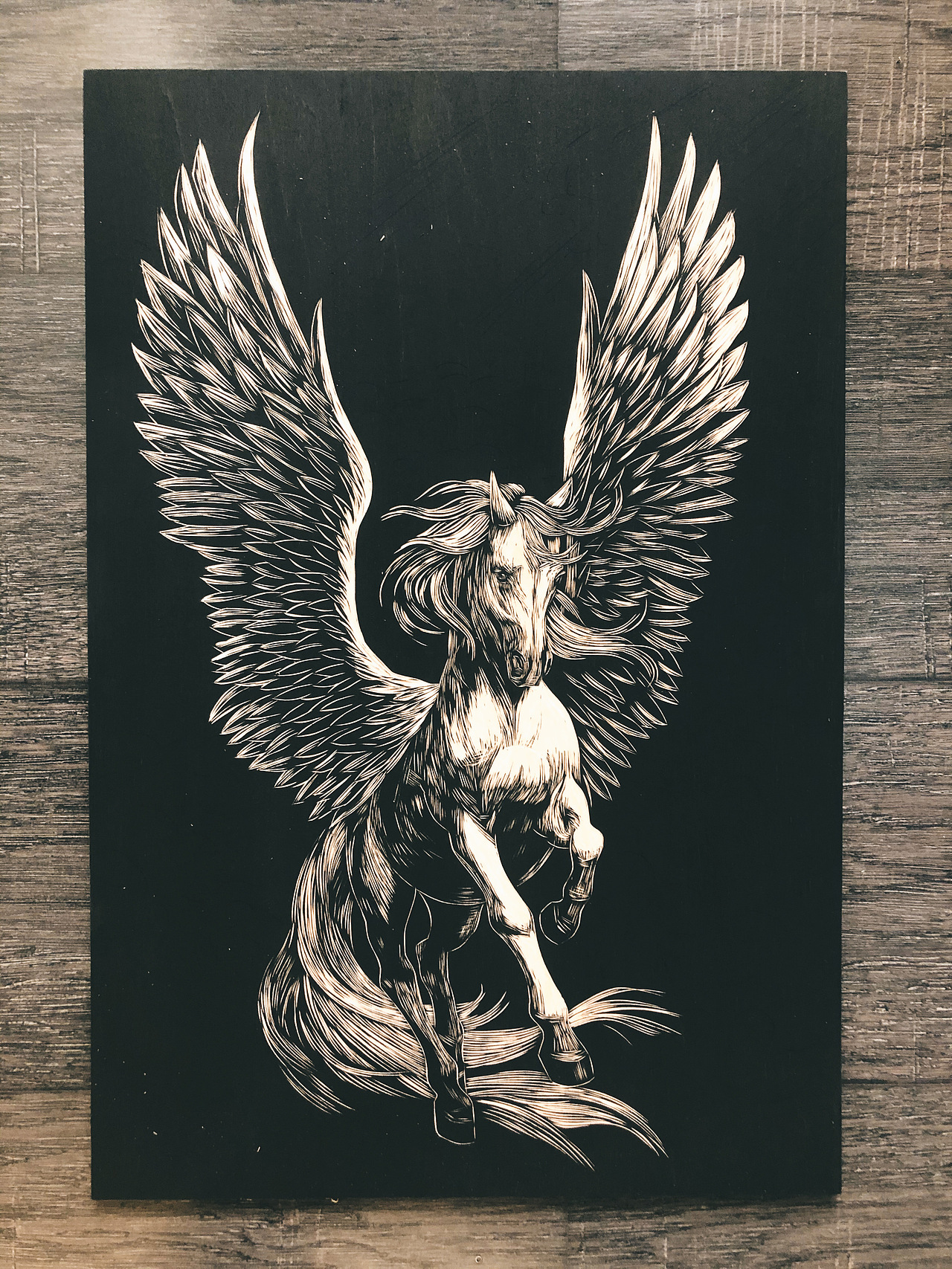 手工雕刻黑白木刻版画飞马