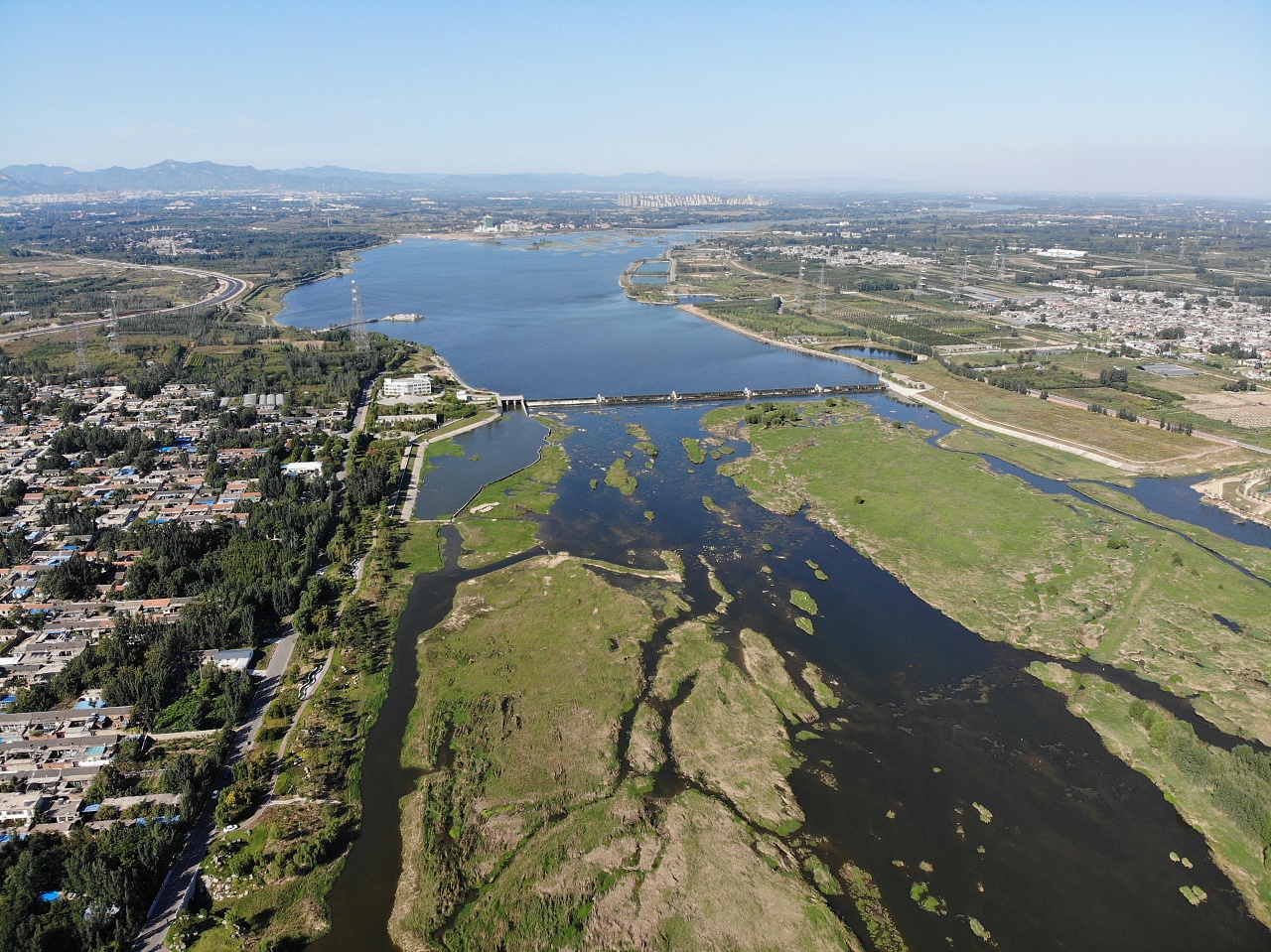 泰安大汶河湿地公园北集坡湿地公园航拍美丽风景