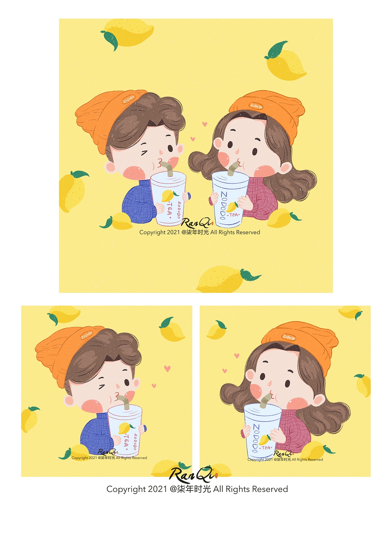 原创手绘情侣头像定制新年的第一杯奶茶