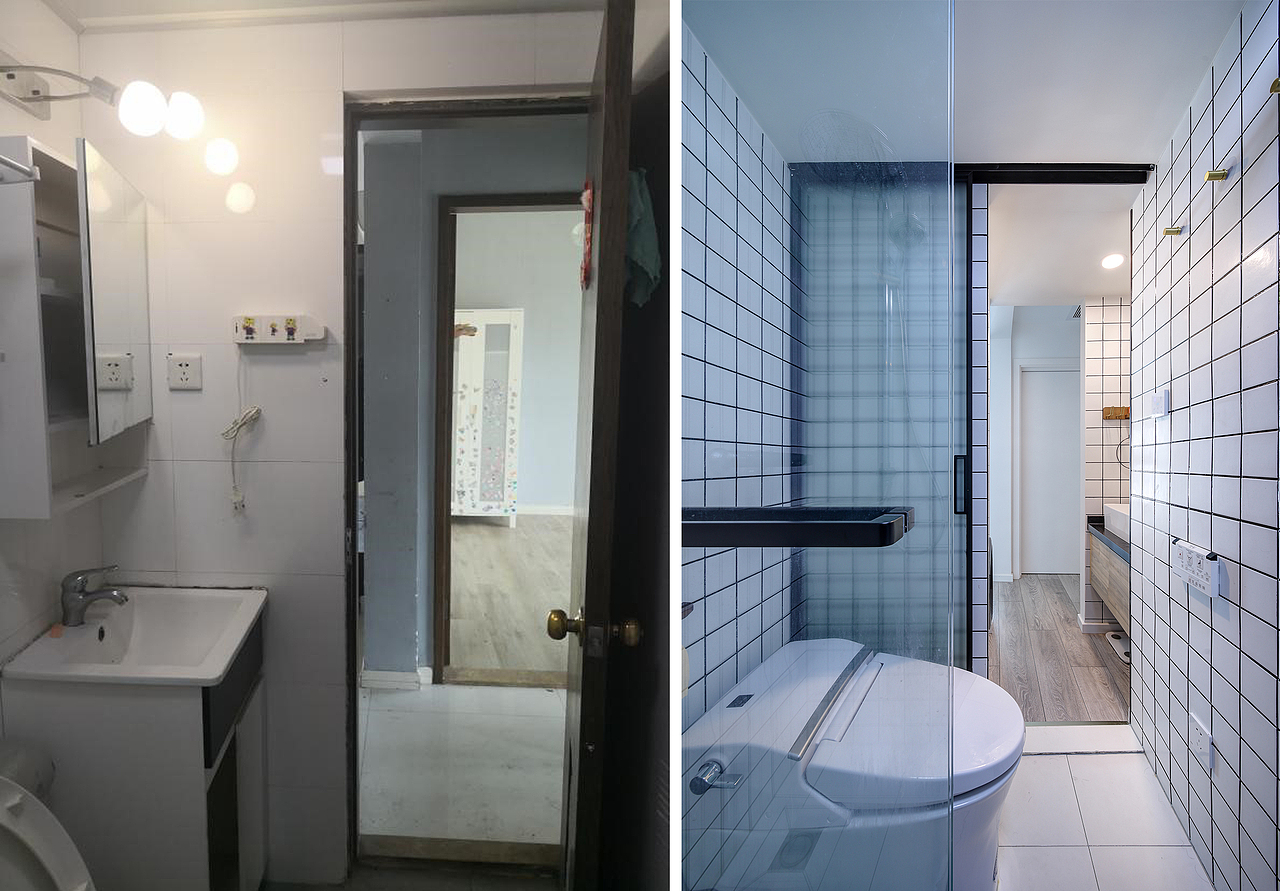 改造卫生间对比 改造后--卫生间 br>推拉式的玻璃门将干湿分区,分别做