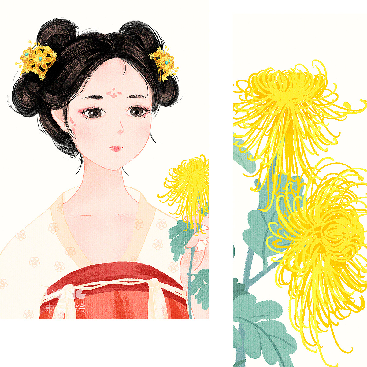 梅兰竹菊与唐朝少女插画