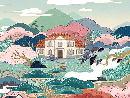 龙井豪宅民宿形象宣传国风插画