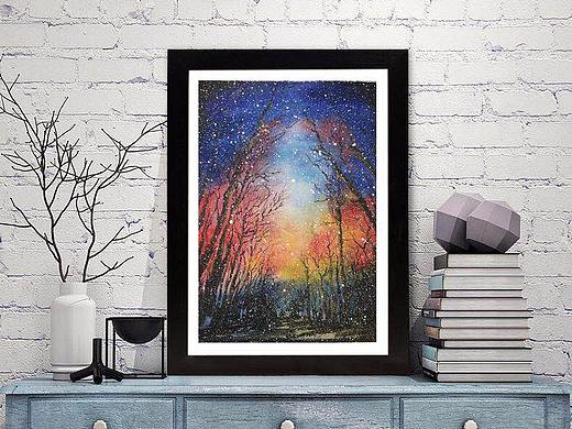 《星空 · 雪夜》水彩，彩铅，手绘，插画