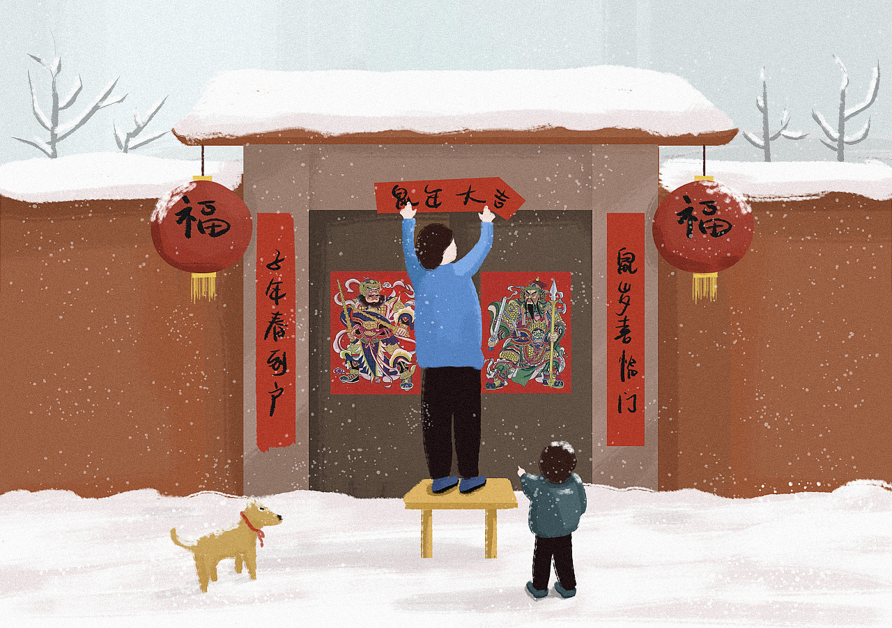 春节景象手绘图片