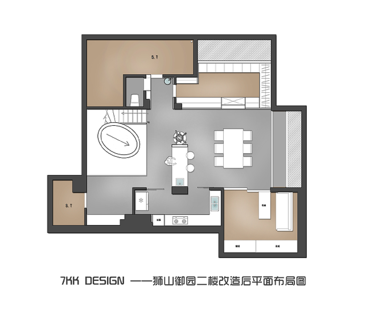 二楼改造后平面布局图<br>二楼阁楼,从楼梯上来为西厨+餐客厅结合开放式的空间,中厨以柱形称重墙为中心打造可封闭可开放的烹饪空间。书房、衣帽间、卫生间、储藏间、猫房结合斜坡的结构充分利用空间打造个性的功能区域。