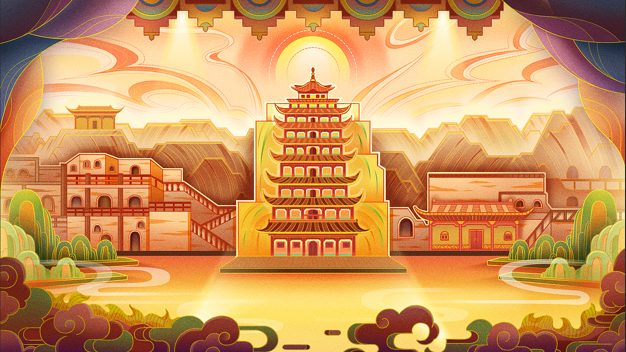 结尾场景,莫高窟正面,体现文物修复后的繁盛场景.