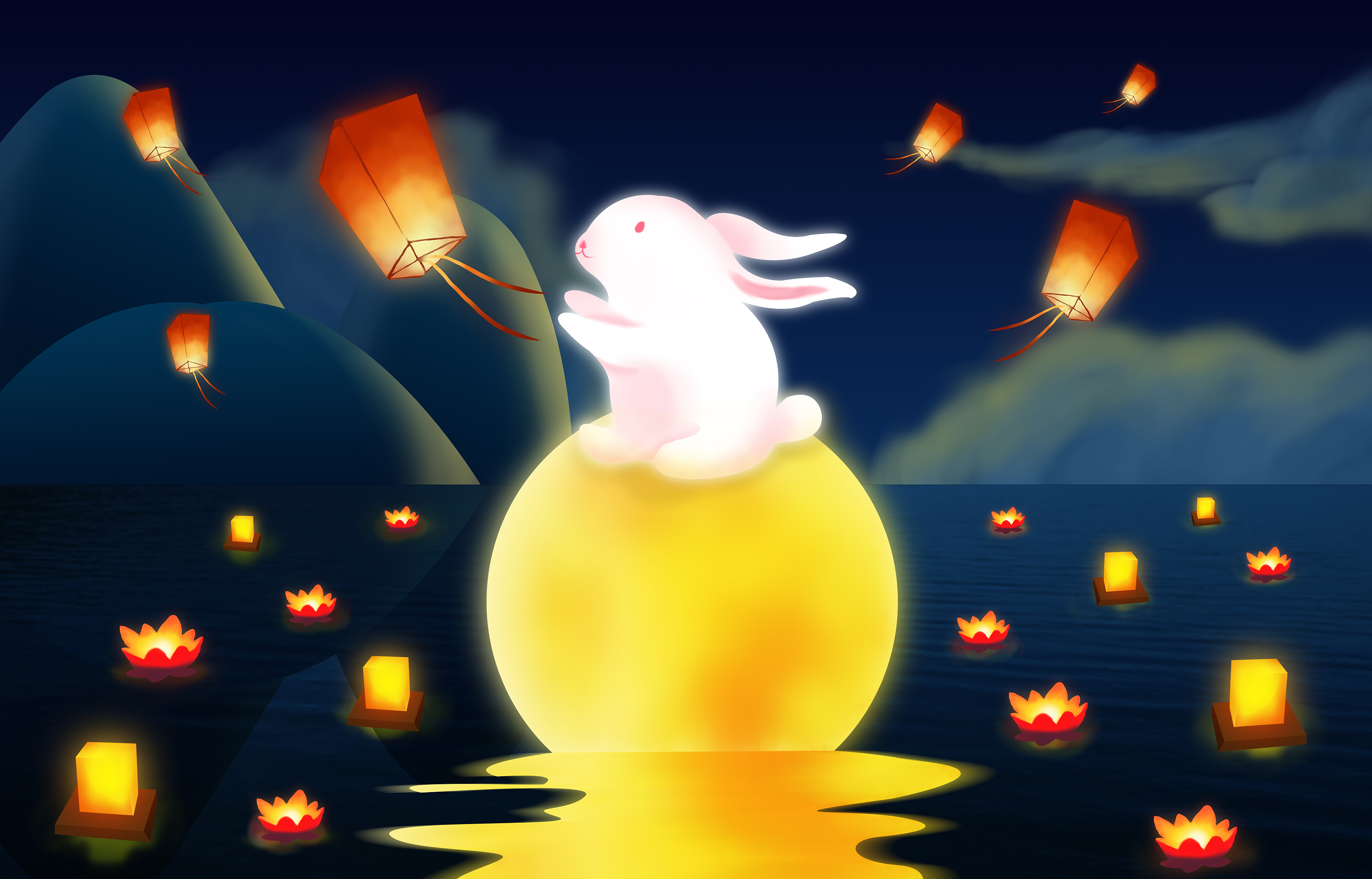中秋节插画 坐在圆月上放灯的小兔子|插画|商业插画|月明m - 原创作品 - 站酷 (ZCOOL)