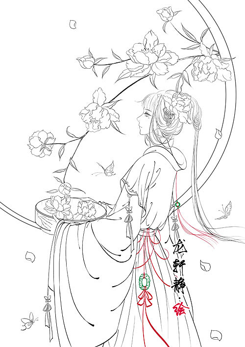 唯美古风美人白描线稿