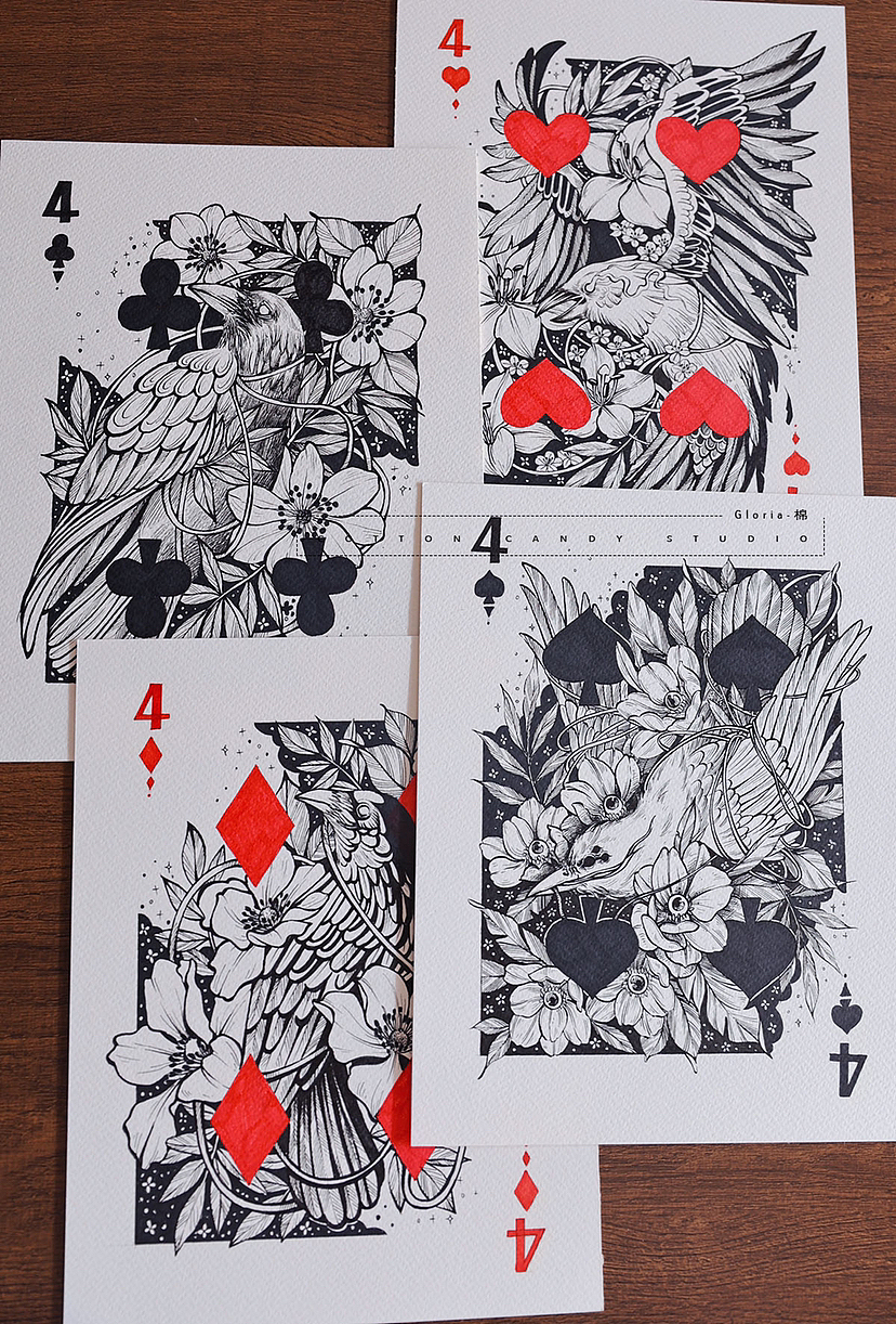 线描装饰画｜手绘一套扑克牌——第16张♣️4（图ZMzE5OTg3NzU2） - 绘画 - 站酷设计师棉花糖Gloria原创素材 - 站酷ZCOOL