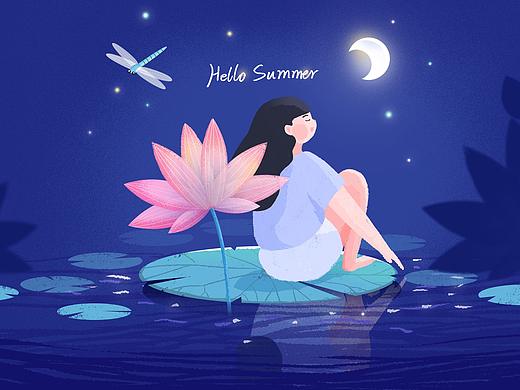 夏天夜晚荷花池女孩插画