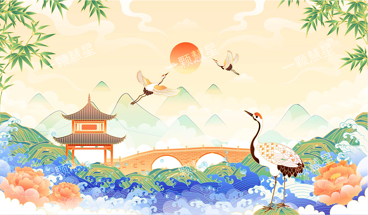 国风园林山水（图ZMjU2NTE0NTE2） - 商业插画 - 站酷设计师晚风在画画原创素材 - 站酷ZCOOL