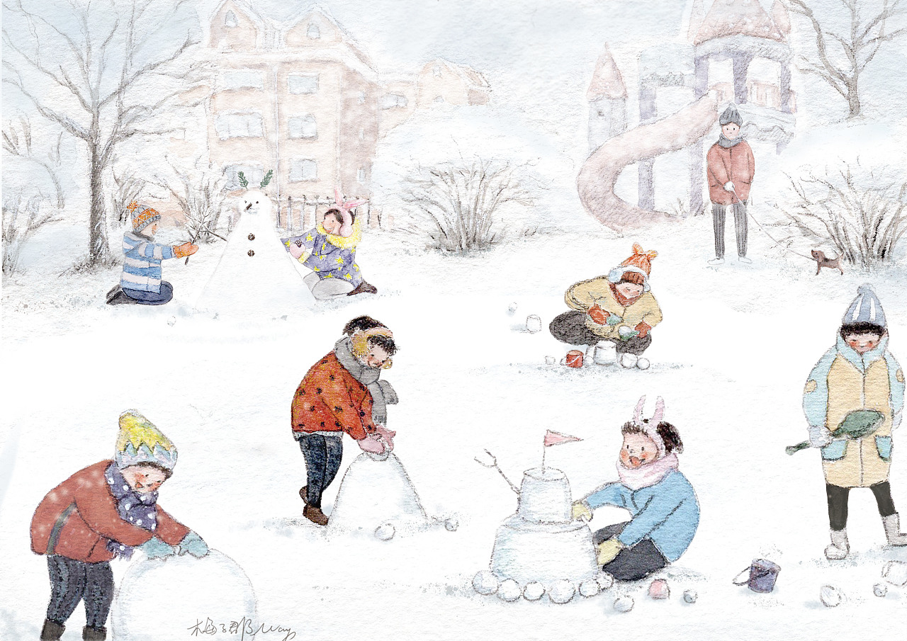 水彩手绘冬日快乐玩雪