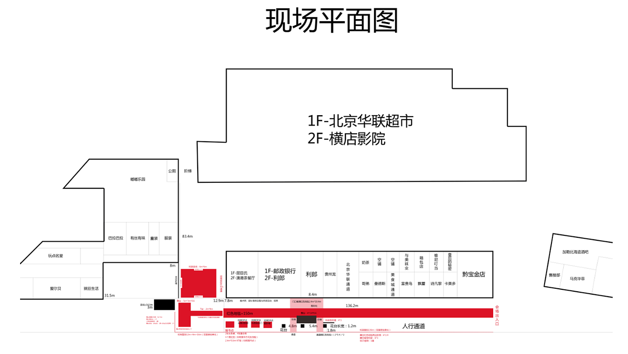 现场施工平面图
<br>现场处于当街的人行通道上的门店,故将现场设计为大舞台和小舞台,大舞台小舞台互相呼应,行程较好的引流效果。
