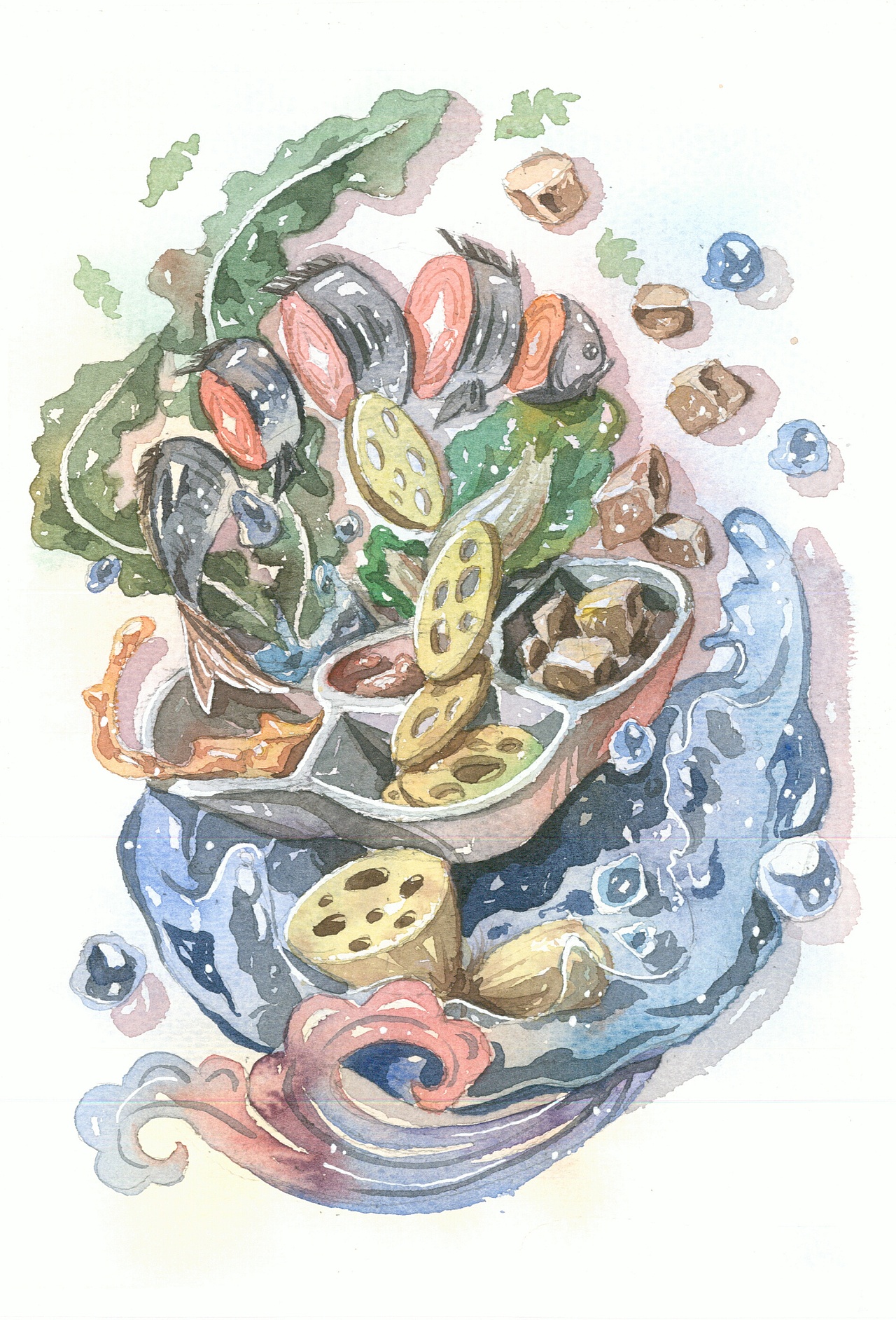 水彩手绘原创济南美食和风插画一起享受济南美味的小吃吧