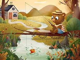 秋天裝飾畫小熊釣魚海報