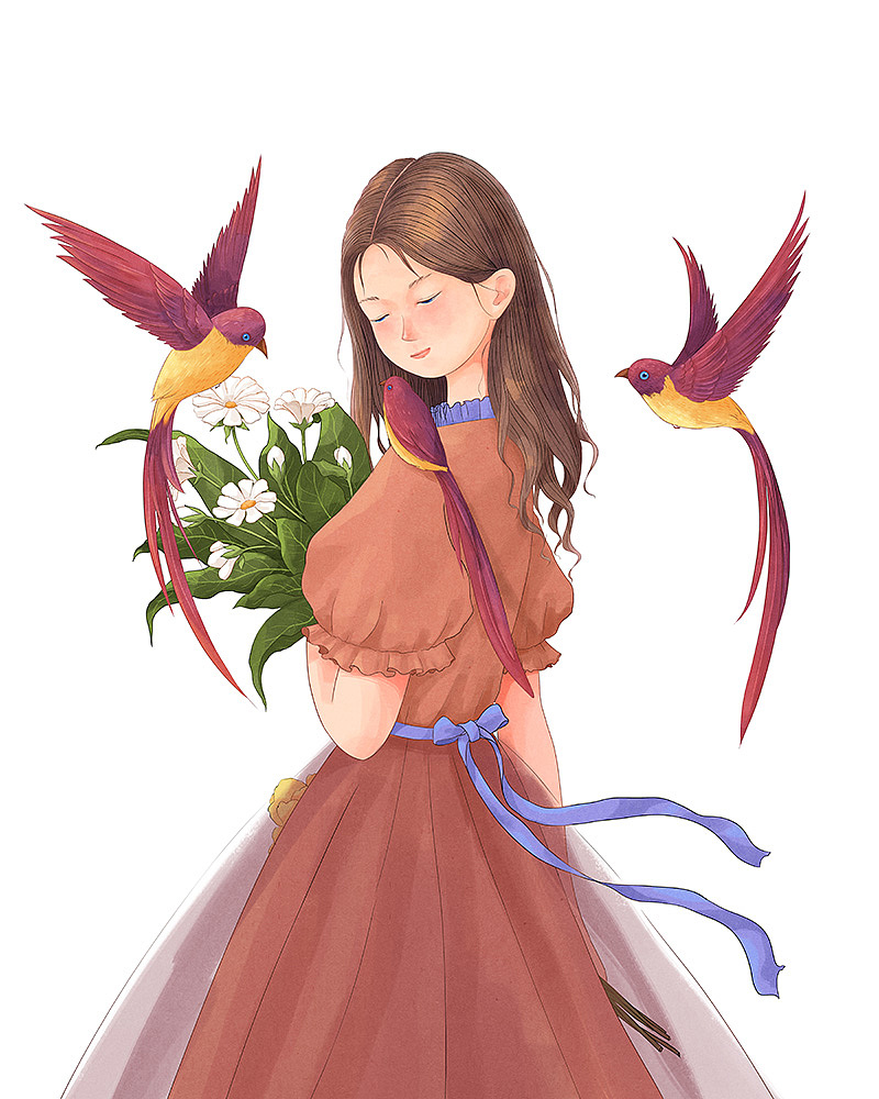 少女·花朵与鸟