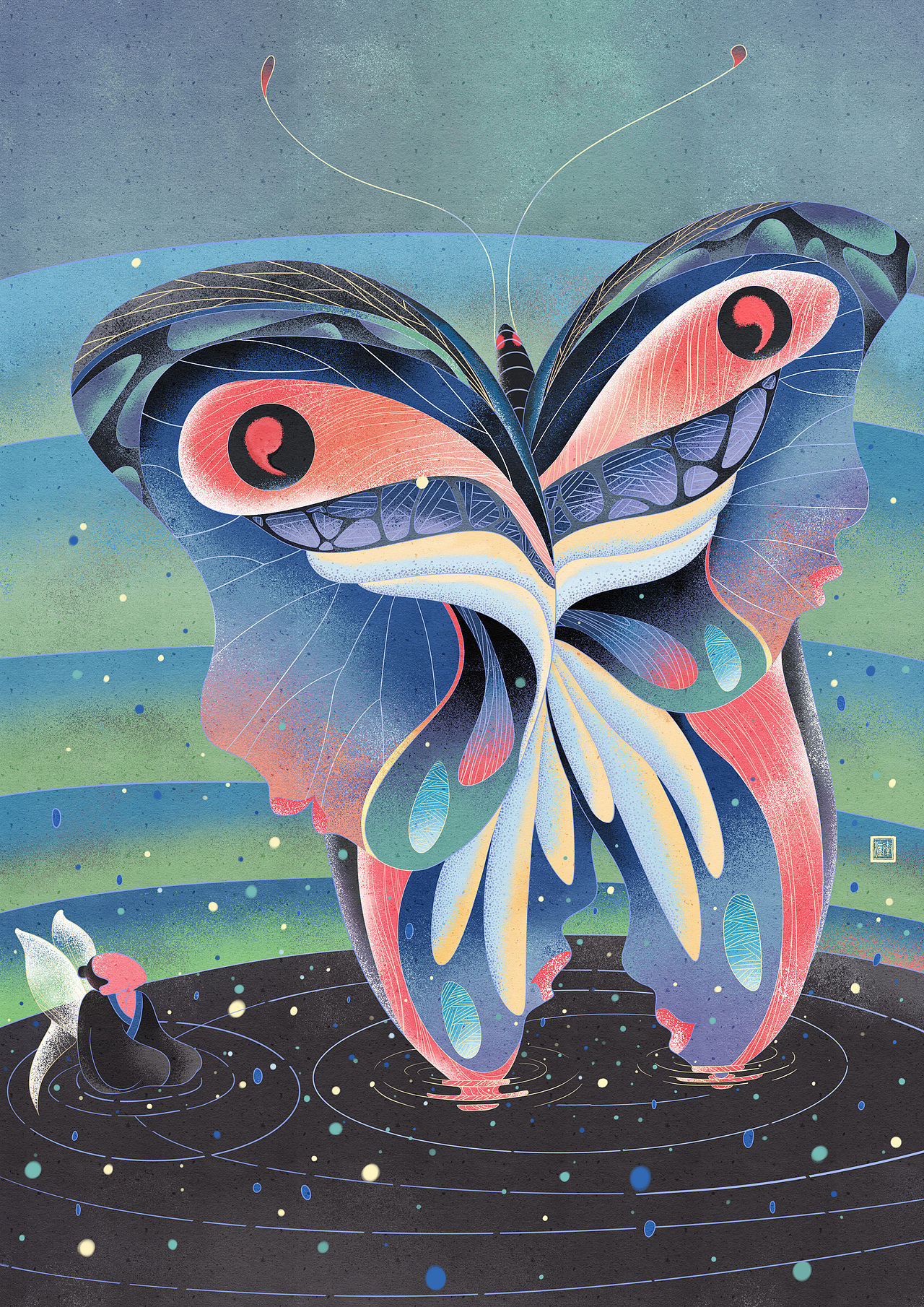 庄周梦蝶
创作说明:<br>  “不知周之梦为蝴蝶与?蝴蝶之梦为周与?周与蝴蝶则必有分矣”。物、我的交合与变化是庄子要表达的思想,蝴蝶的翅膀与人脸的剪影相结合,代表思想精神,即庄子所讲的本真的我;把没有面孔的道人与翅膀结合,代表人的实体,即庄子所讲的外在的物。这之间也是一种相互转化的过程。