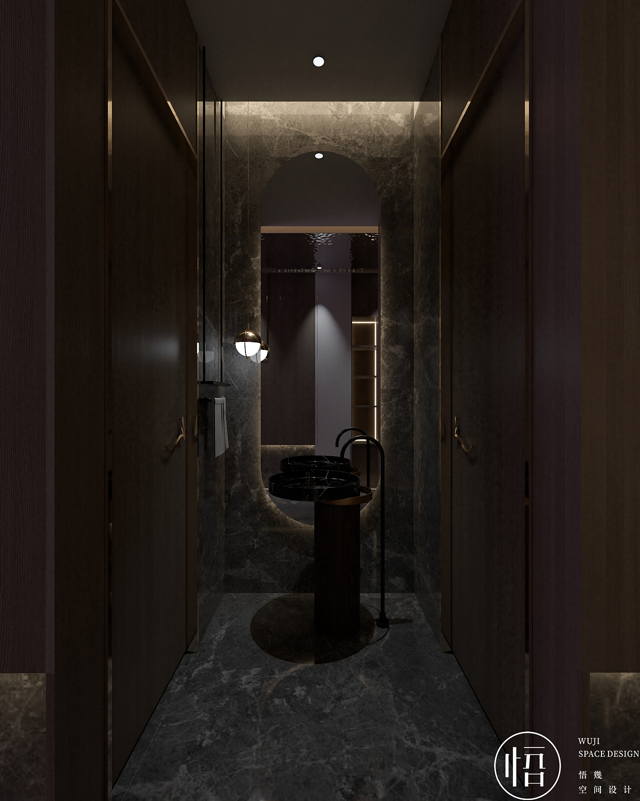 ▲卫生间，Bathroom
<br>打破棱角分明针锋相对的局面，<br>采用上下半扇形的镜子，<br>给相对封闭的卫生空间增添一丝可爱和趣味。