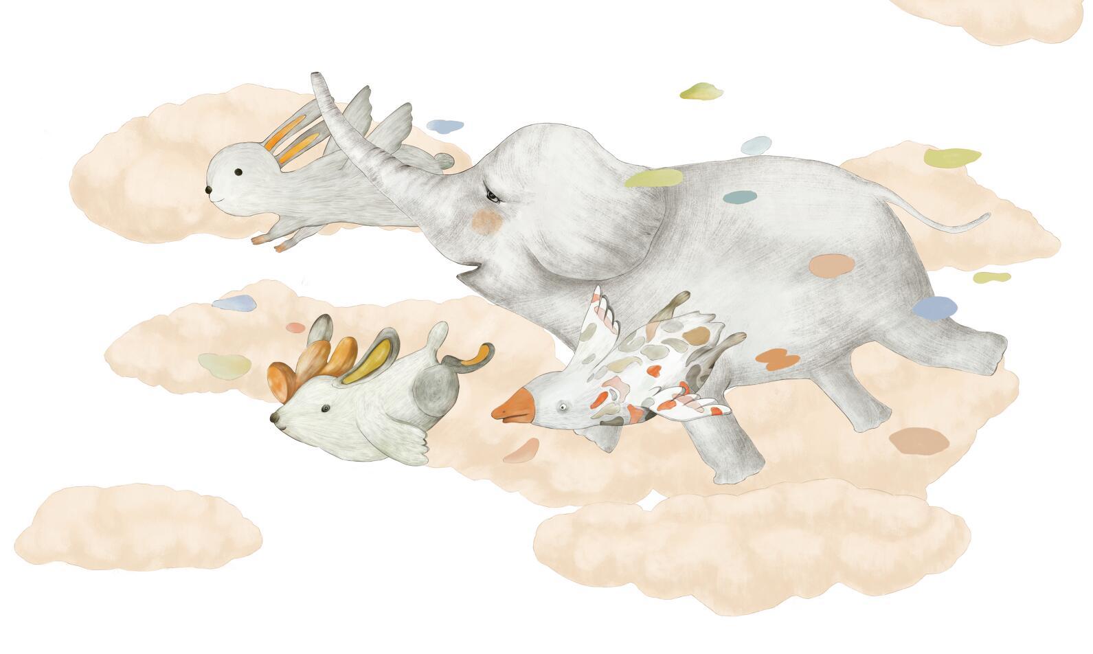 思舍布莱曼 手绘卡通大象壁纸儿童房卧室背景墙纸男女孩个性壁画