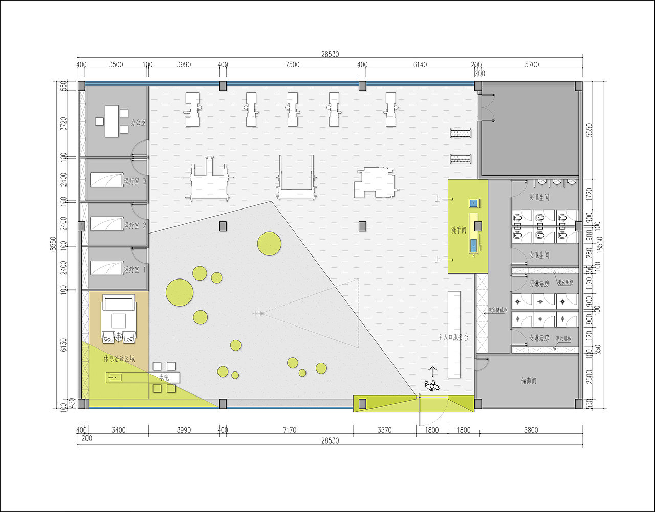 力量,平衡,臂力空间装置场景化的健身房暗示