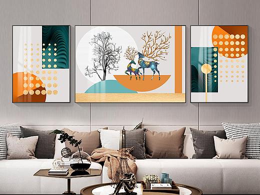 新中式抽象客厅画装饰画发财鹿客厅现代挂画金山飞鹤画