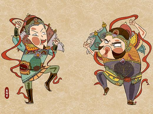 鼠年春节搞怪趣味手绘复古热闹门神