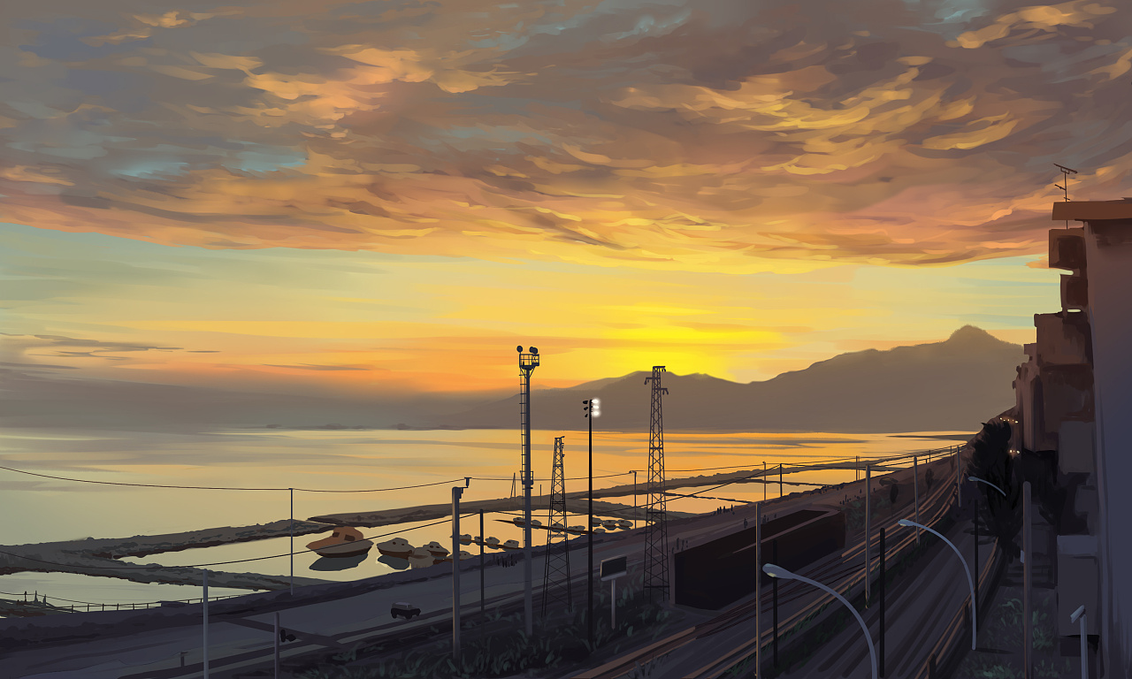 朋友拍的意大利某城的海岸线,觉得很美就照着画了一遍