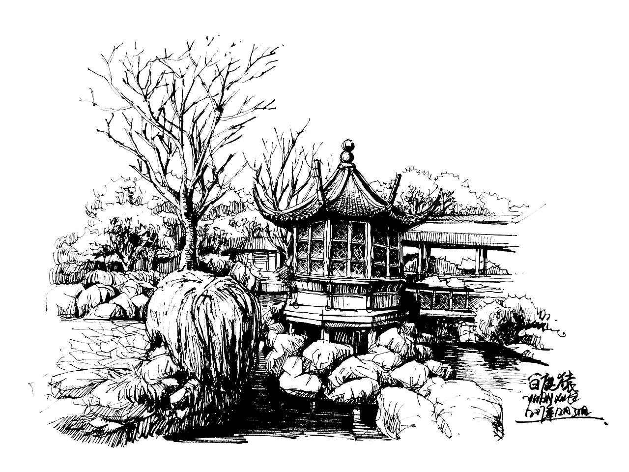 白鹿猿钢笔手绘---东方建筑情节